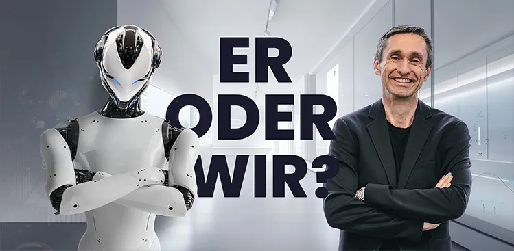 Roboter steht vor grafischer Abbildung einer Preisentwicklung und verschränkt die Arme, Papierzettel fliegen durch die Luft
