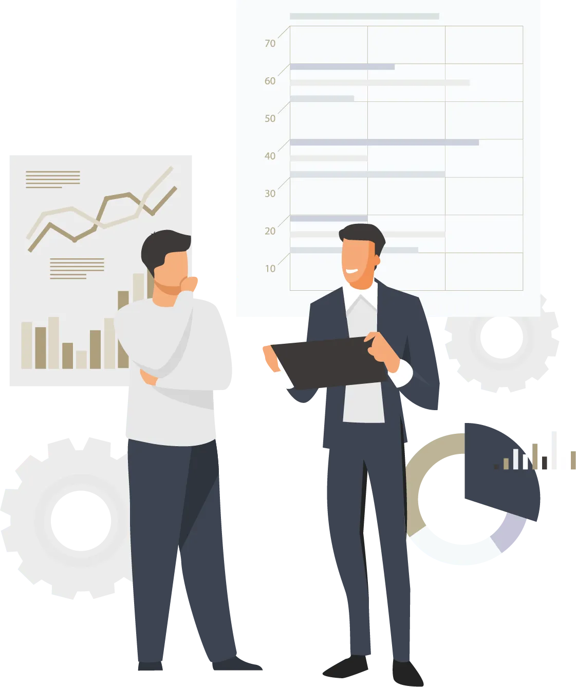 Zwei Personen besprechen die sytematisch geplante Preisanpassung mit Statistiken und Diagrammen im Hintergund