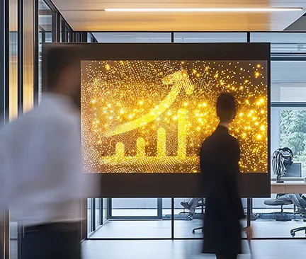 Menschen vor der digitalen Anzeige einer positiven Entwicklung