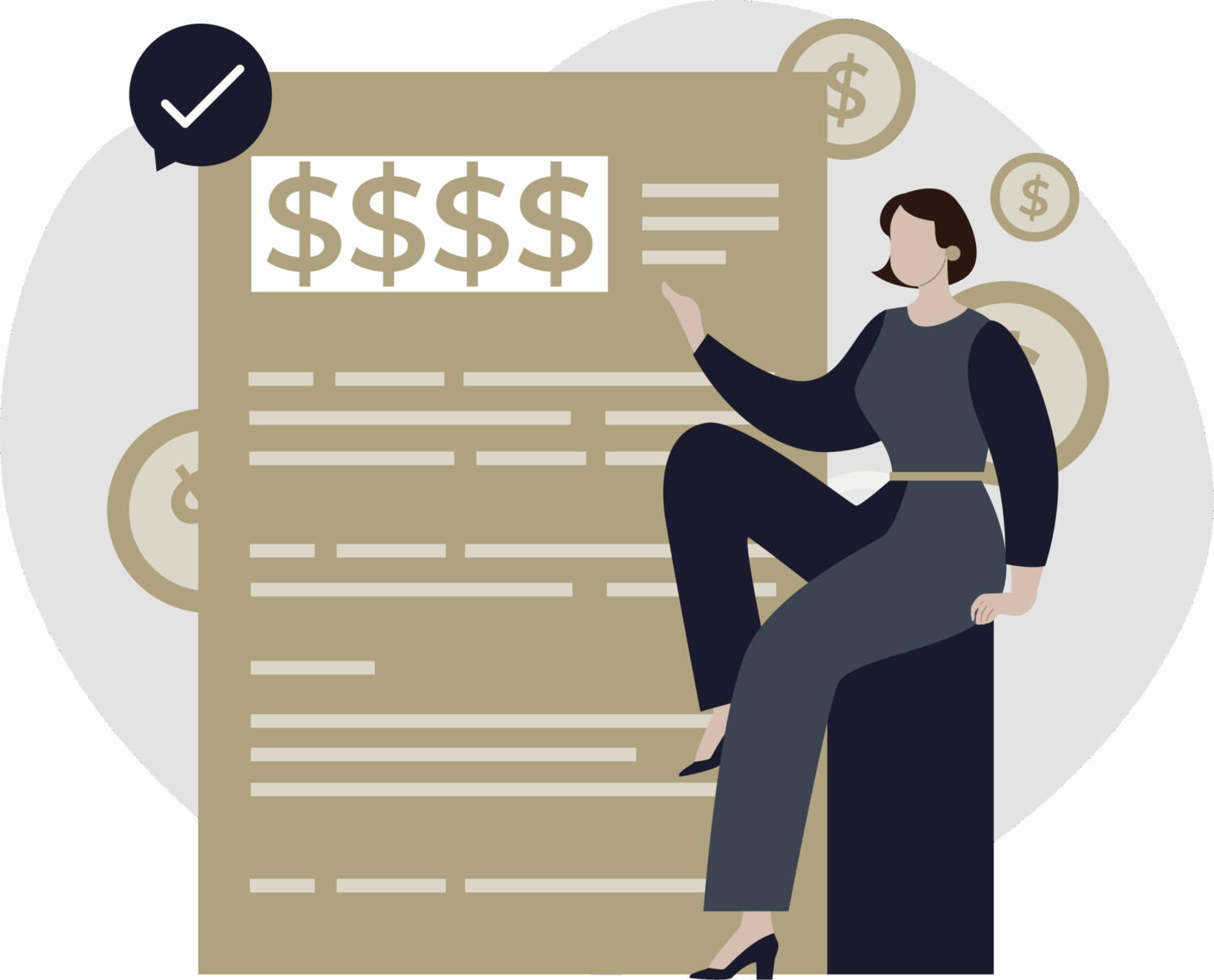 Eine Frau, die auf einen Vertrag zeigt, grafisch dargestellt.